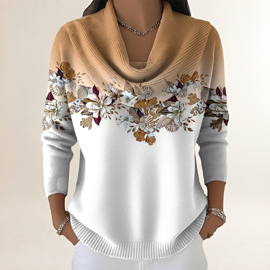 Casaco feminino com gola drapeada e yoke floral - corte relaxado