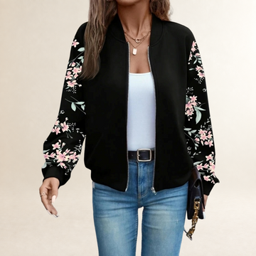 Casaco feminino com zíper, gola baseball, mangas longas com punhos canelados e estampa floral e animal print