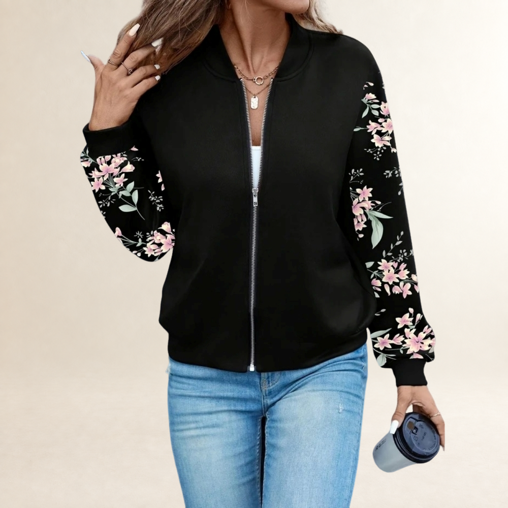 Casaco feminino com zíper, gola baseball, mangas longas com punhos canelados e estampa floral e animal print