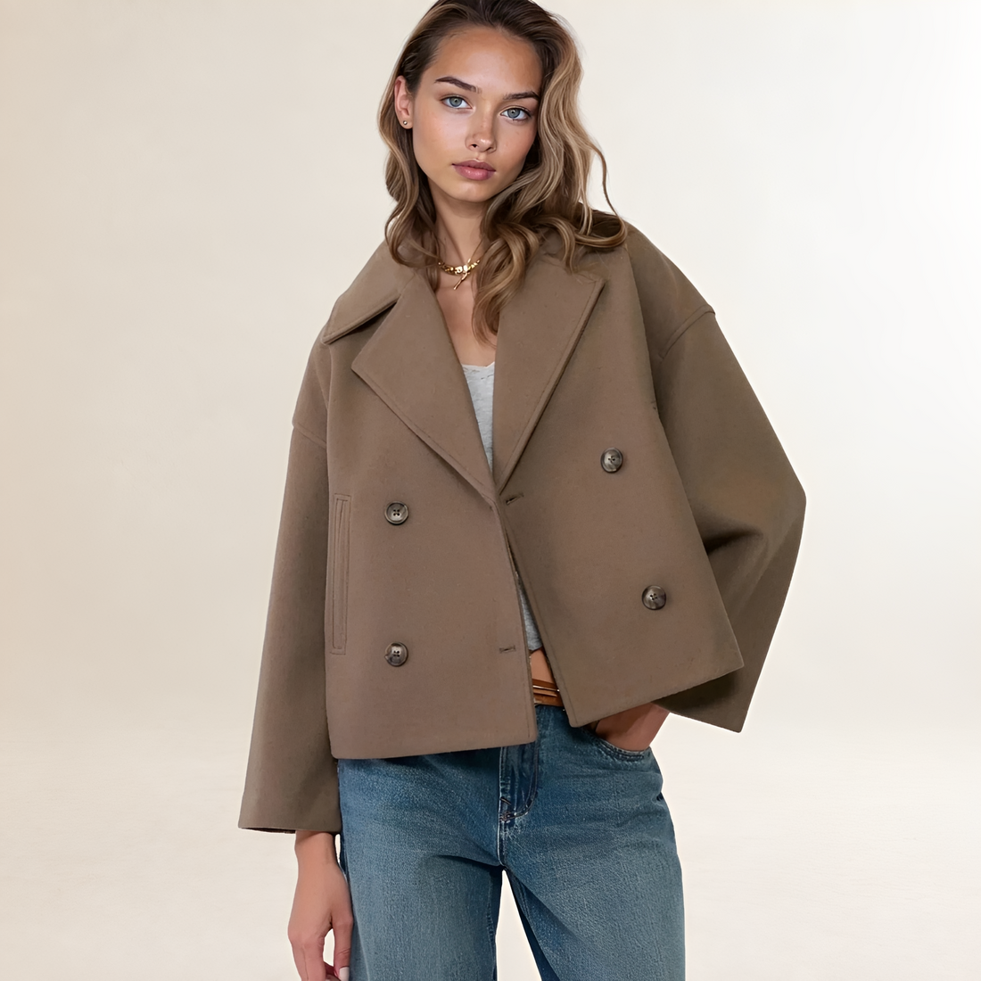 Casaco feminino de abotoamento duplo cropped com lapela notched e mangas oversized