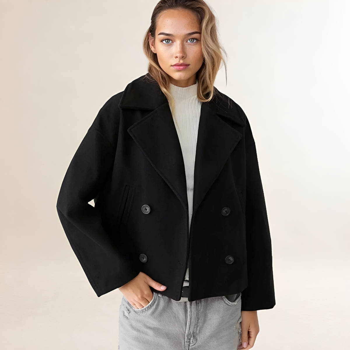 Casaco feminino de abotoamento duplo cropped com lapela notched e mangas oversized