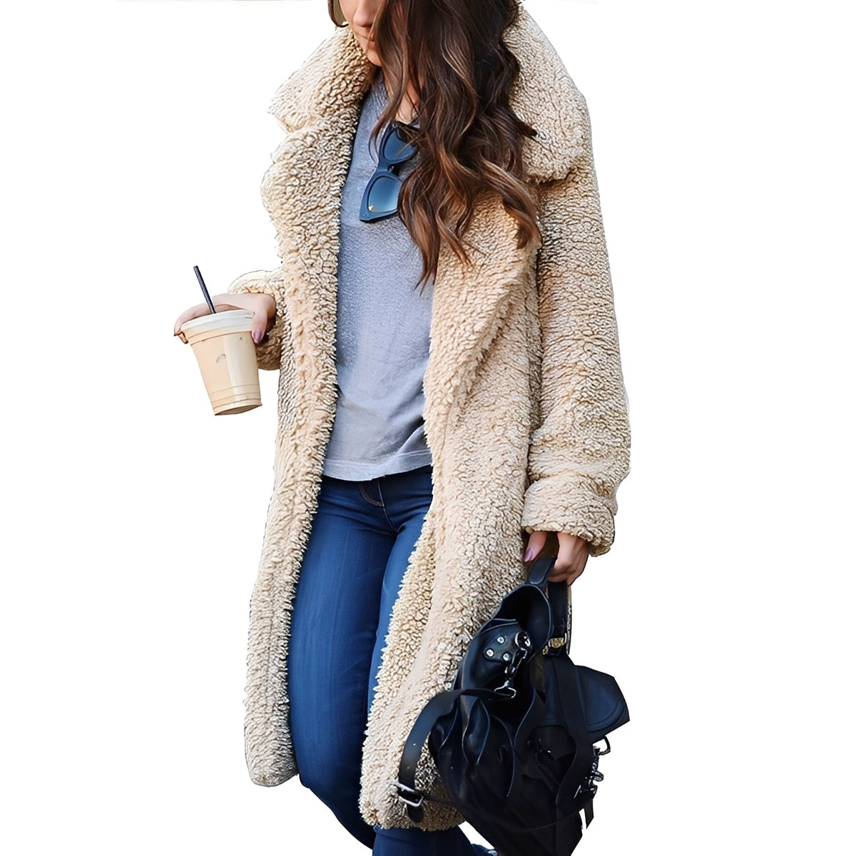 Casaco feminino oversized com gola de lapela e abertura frontal longa