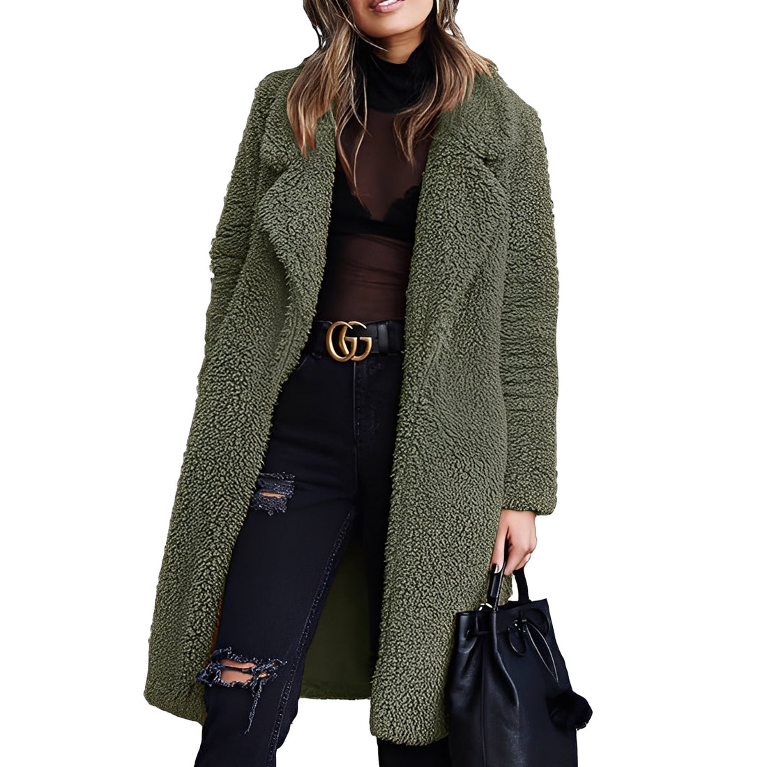 Casaco feminino oversized com gola de lapela e abertura frontal longa