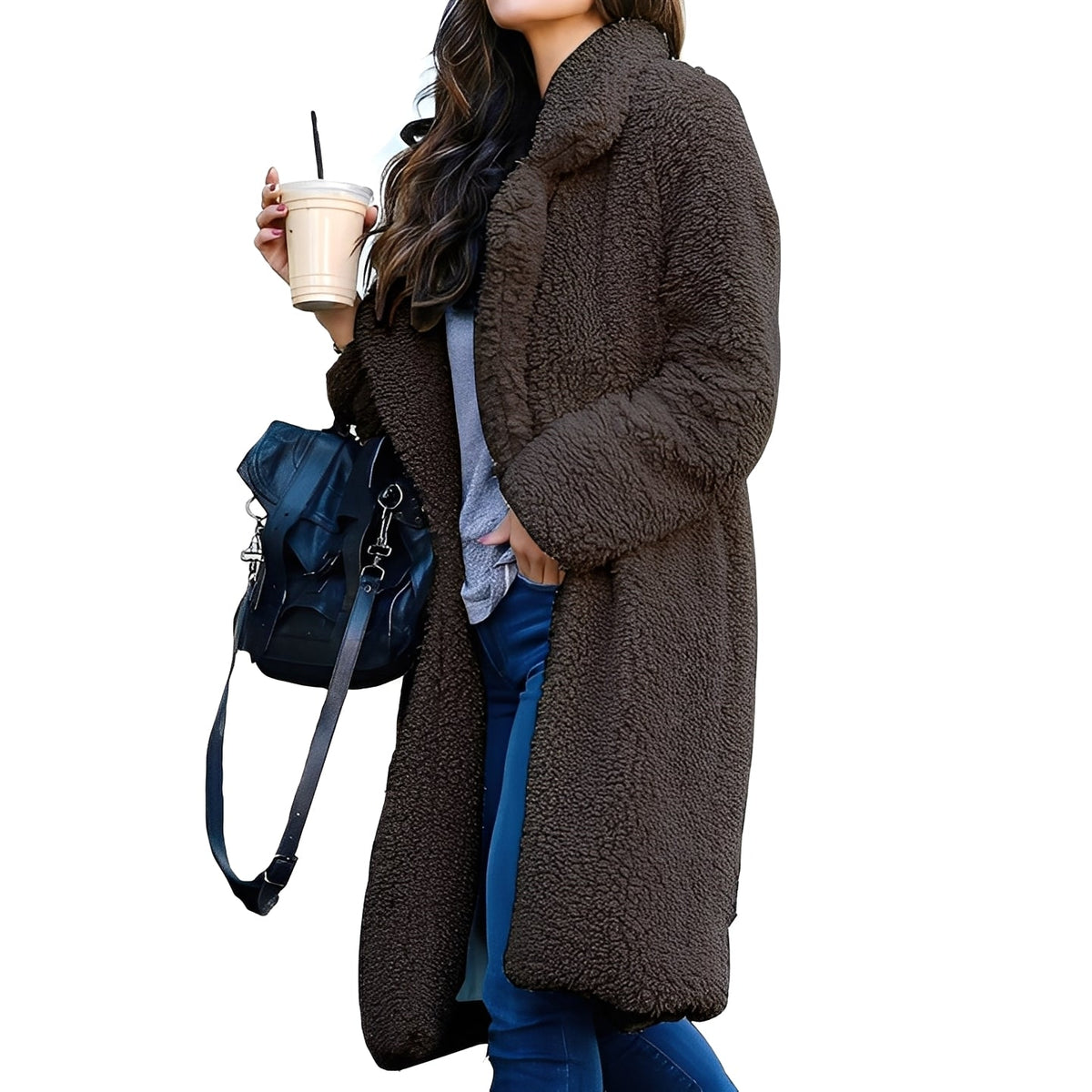 Casaco feminino oversized com gola de lapela e abertura frontal longa