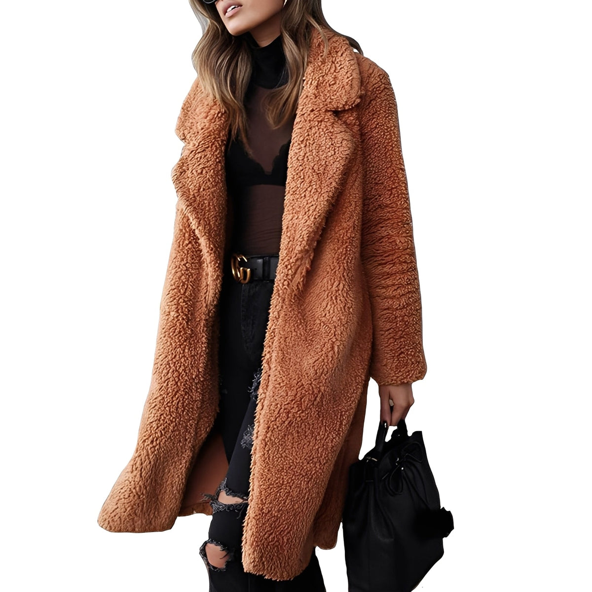 Casaco feminino oversized com gola de lapela e abertura frontal longa