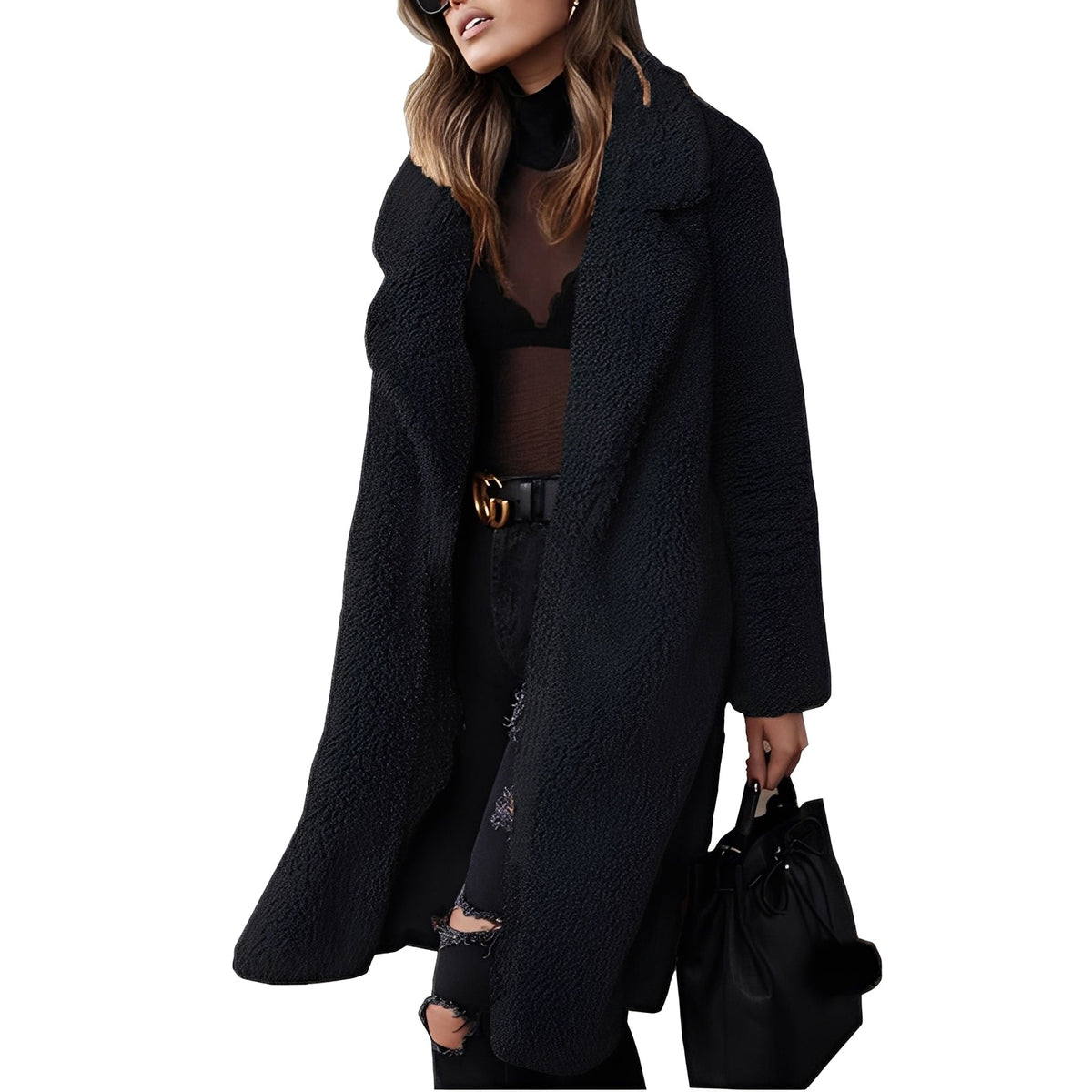 Casaco feminino oversized com gola de lapela e abertura frontal longa