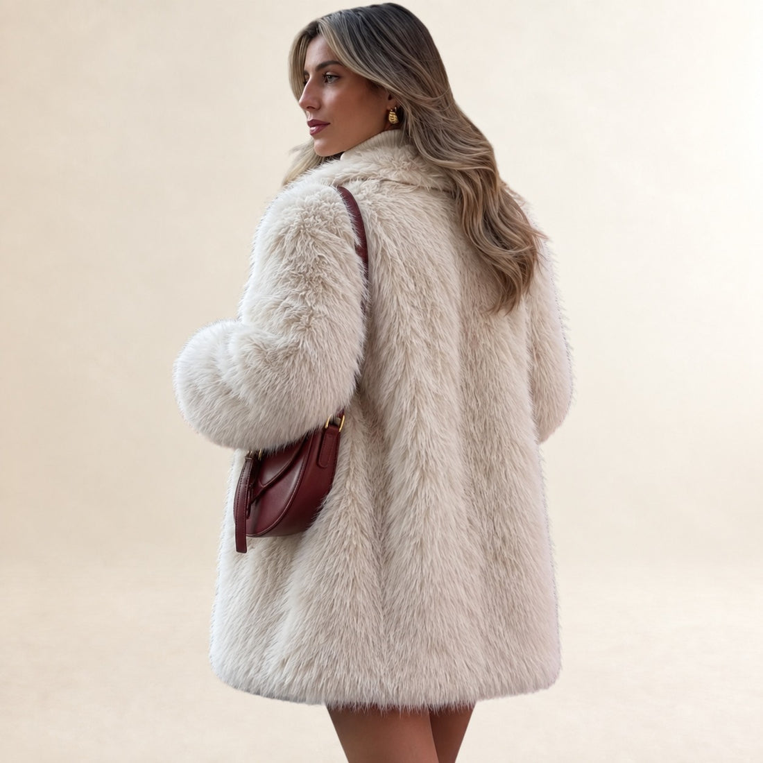 Casaco feminino teddy longo com gola notch lapela e manga longa