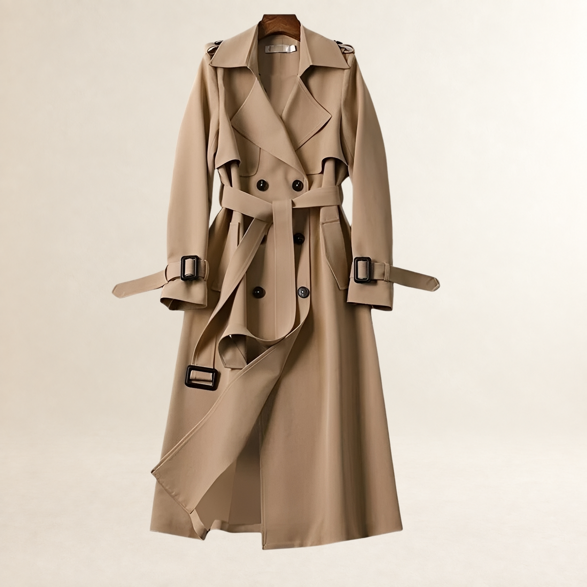 Casaco feminino trench coat duplo com cinto e comprimento médio - ajuste clássico