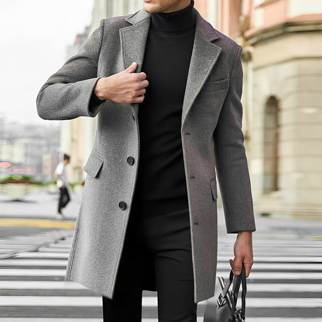 Casaco longo masculino de abotoamento simples com lapela de notched e bolsos com aba