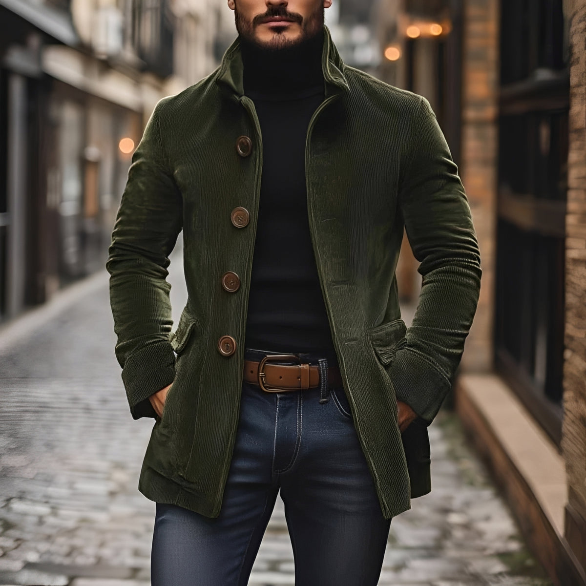 Casaco masculino blazer peacoat com col V e fechamento de botões - corte slim