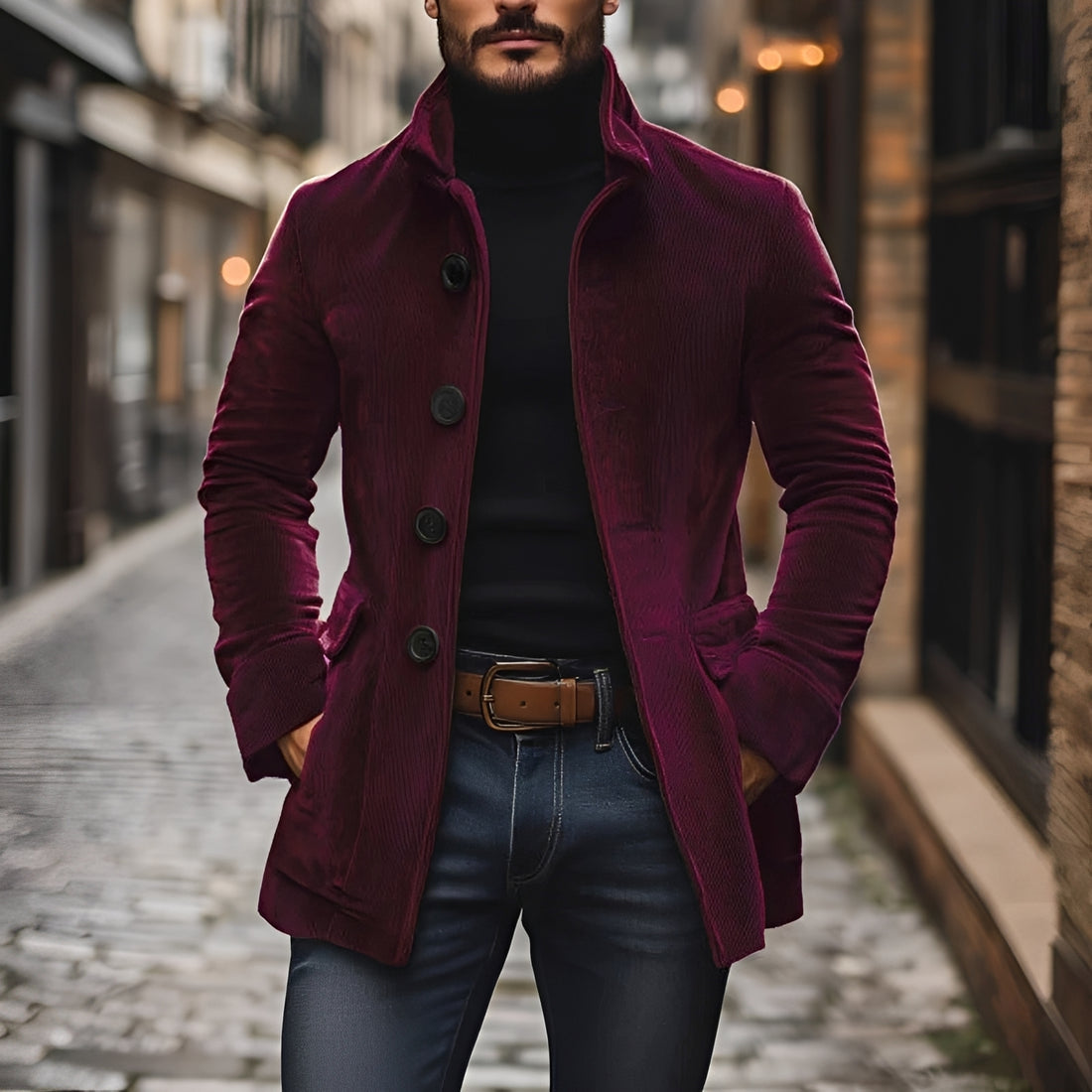 Casaco masculino blazer peacoat com col V e fechamento de botões - corte slim