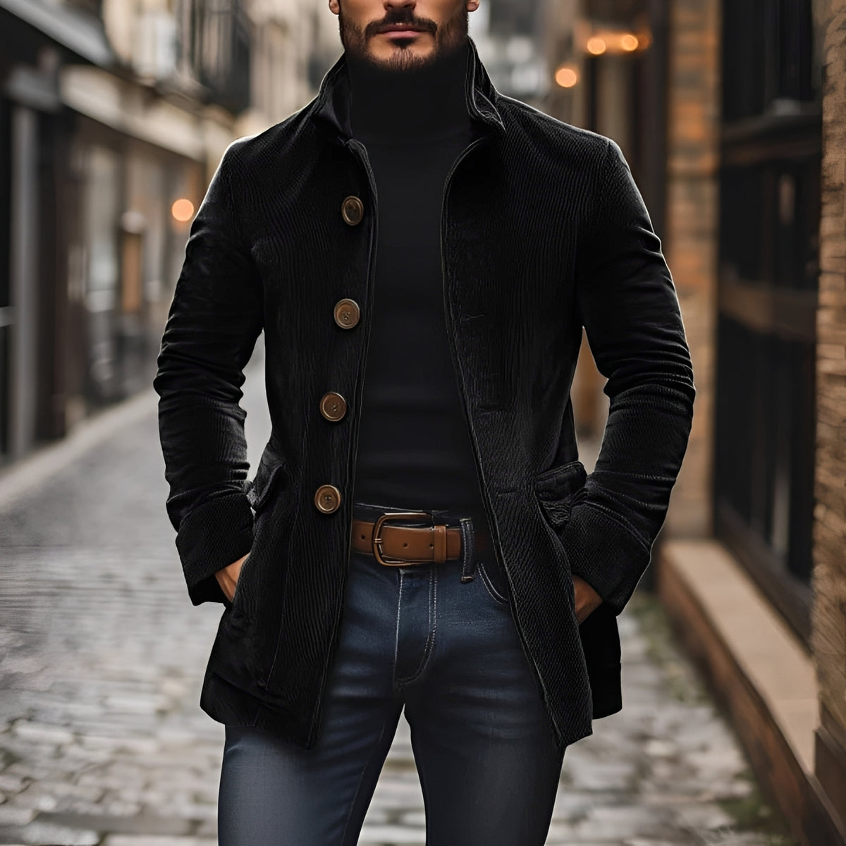Casaco masculino blazer peacoat com col V e fechamento de botões - corte slim