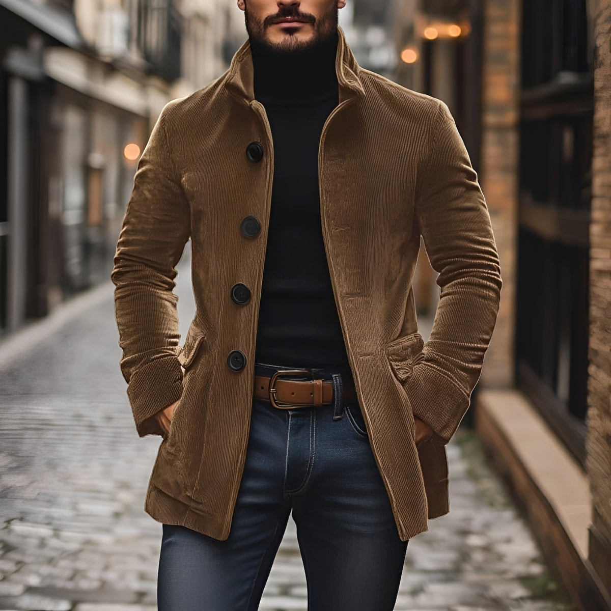 Casaco masculino blazer peacoat com col V e fechamento de botões - corte slim