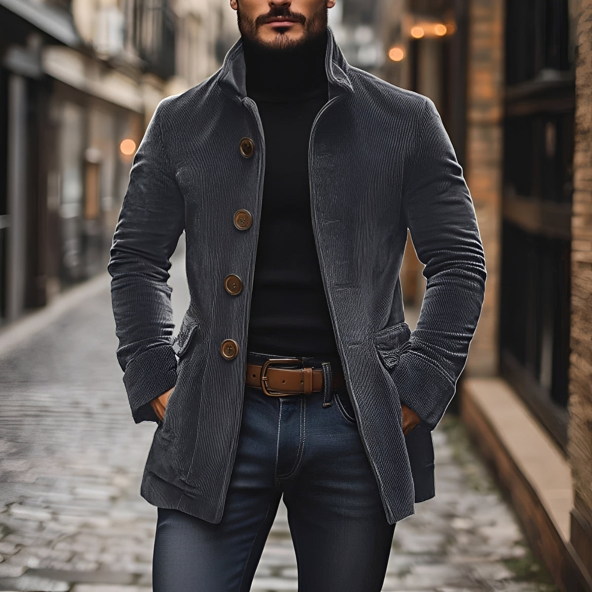 Casaco masculino blazer peacoat com col V e fechamento de botões - corte slim