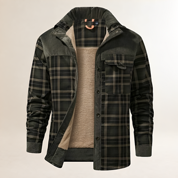 Casaco masculino Dapper com fechamento snap-front, gola alta e bolsos frontais com aba