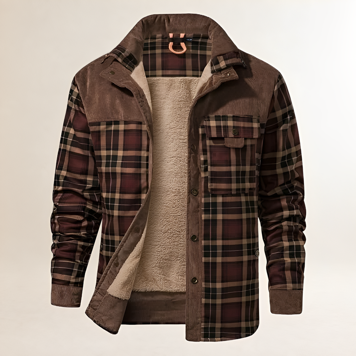 Casaco masculino Dapper com fechamento snap-front, gola alta e bolsos frontais com aba