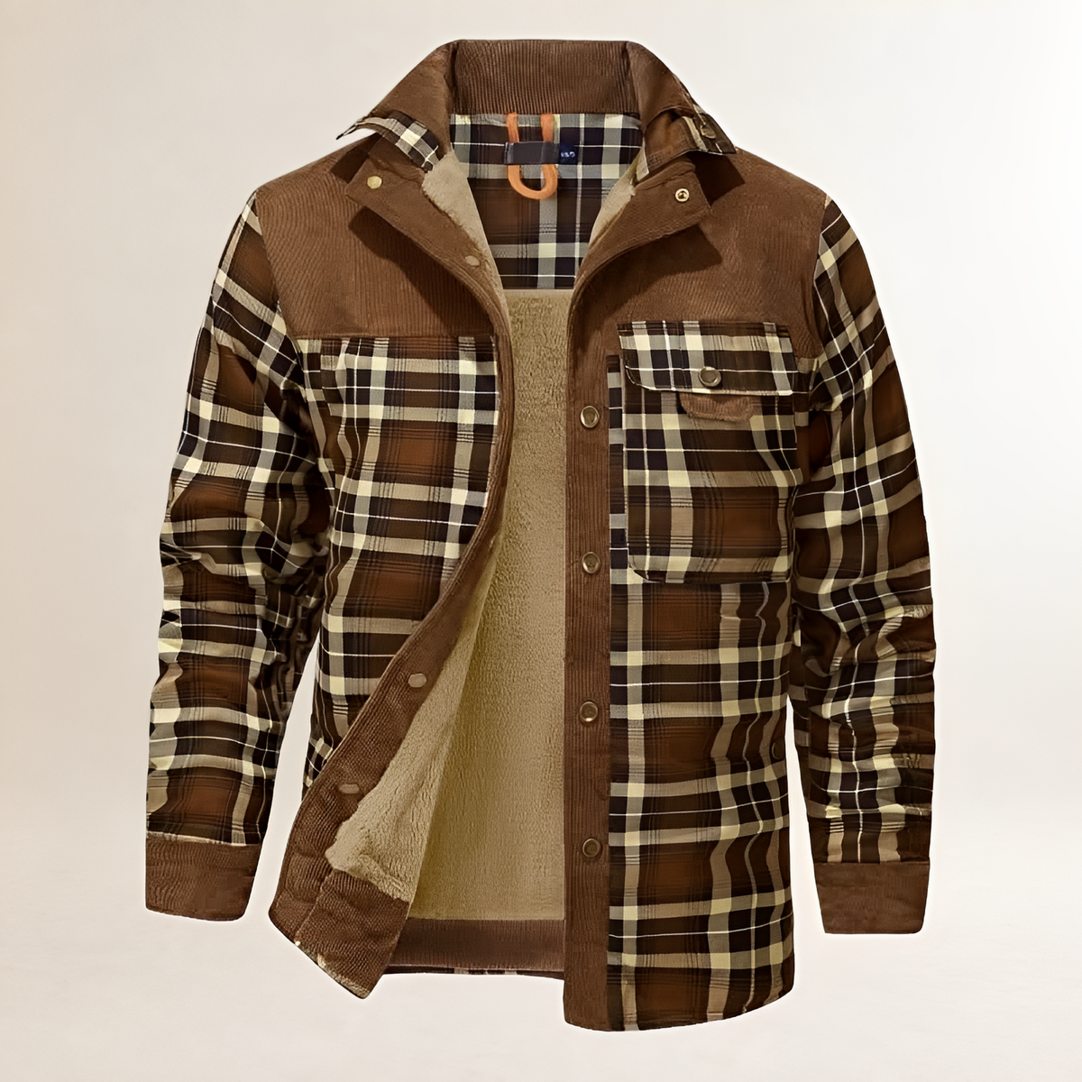 Casaco masculino Dapper com fechamento snap-front, gola alta e bolsos frontais com aba