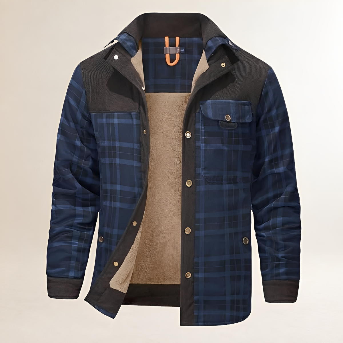 Casaco masculino Dapper com fechamento snap-front, gola alta e bolsos frontais com aba