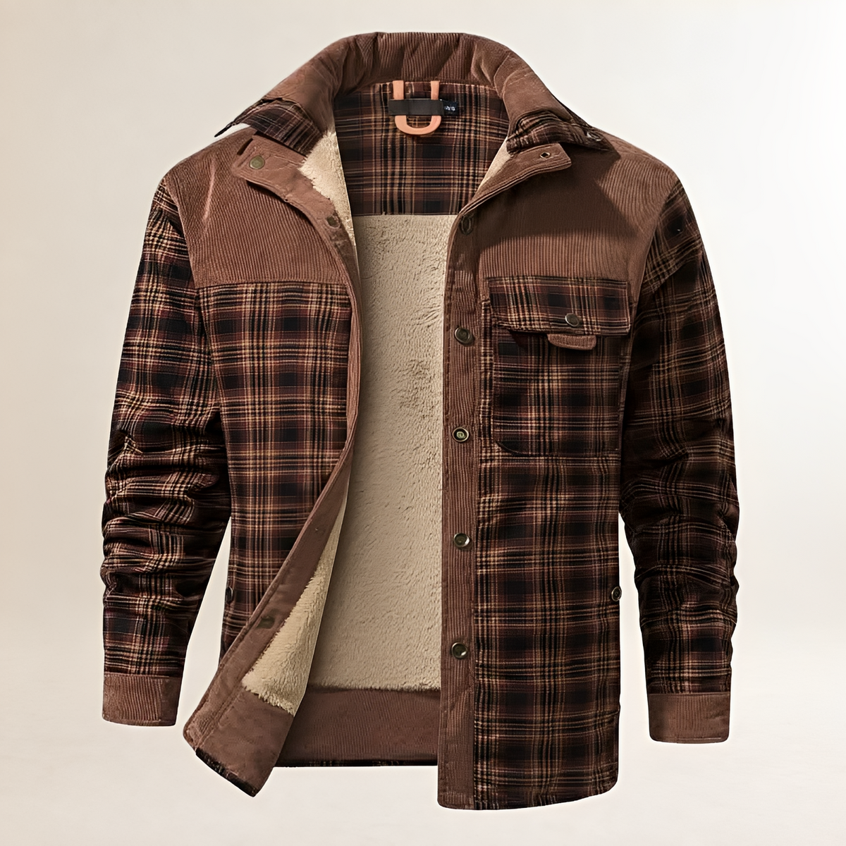 Casaco masculino Dapper com fechamento snap-front, gola alta e bolsos frontais com aba