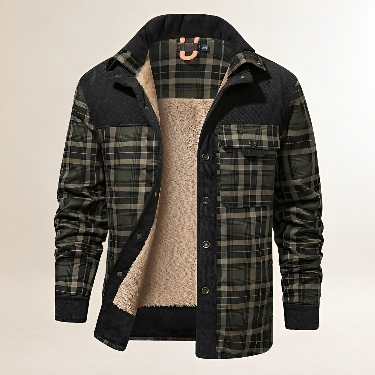 Casaco masculino Dapper com fechamento snap-front, gola alta e bolsos frontais com aba