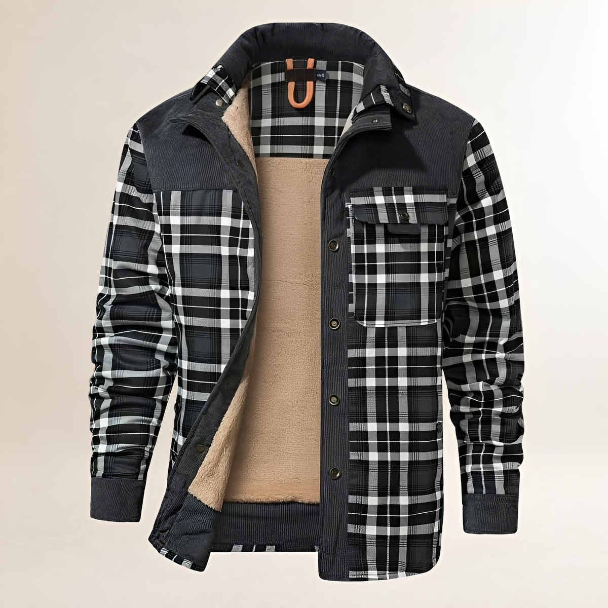 Casaco masculino Dapper com fechamento snap-front, gola alta e bolsos frontais com aba