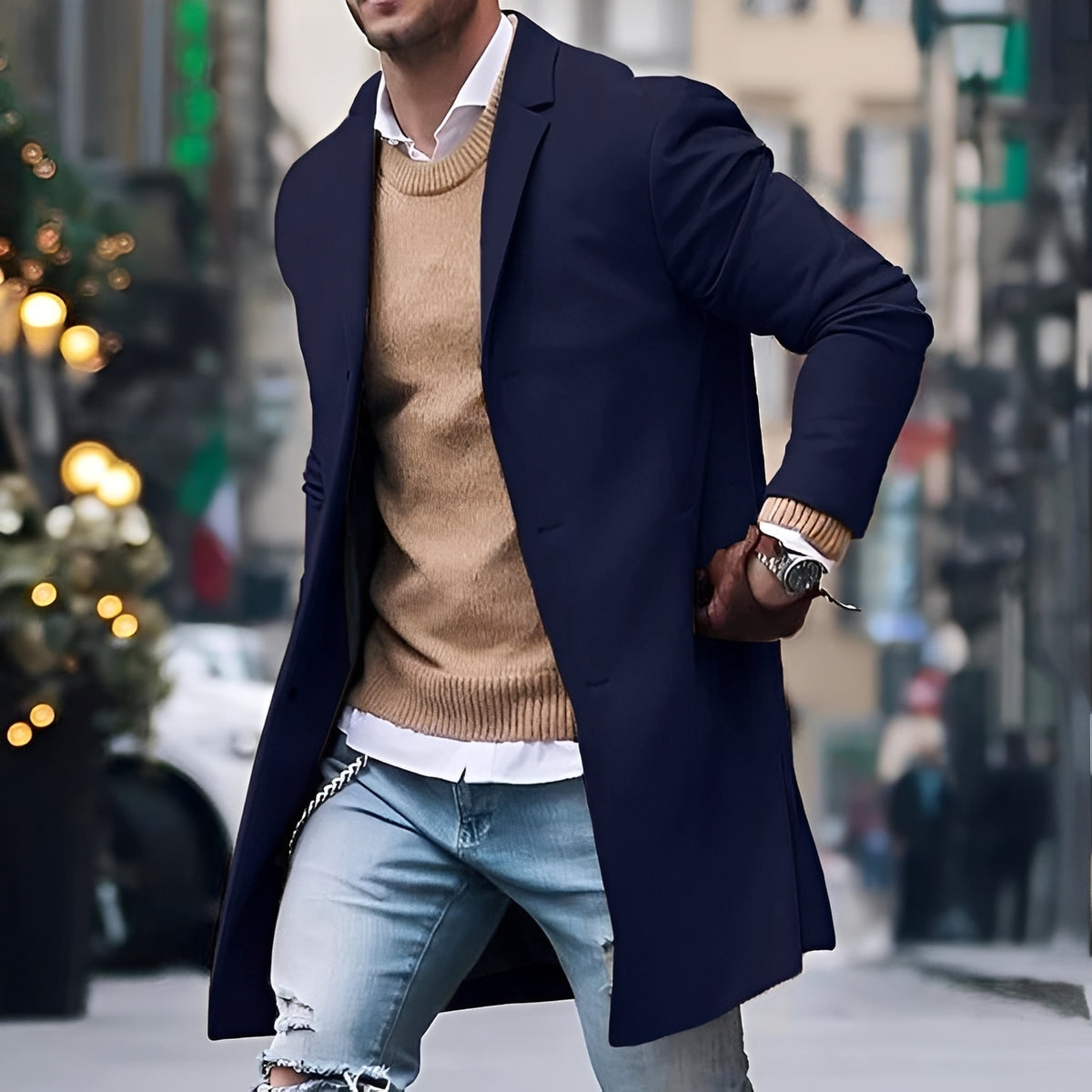Casaco masculino de comprimento médio com lapela de notched e corte ajustado