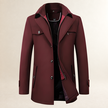 Casaco masculino estilo pea coat comprimento médio lapela recortada fechamento de botões bolsos com aba