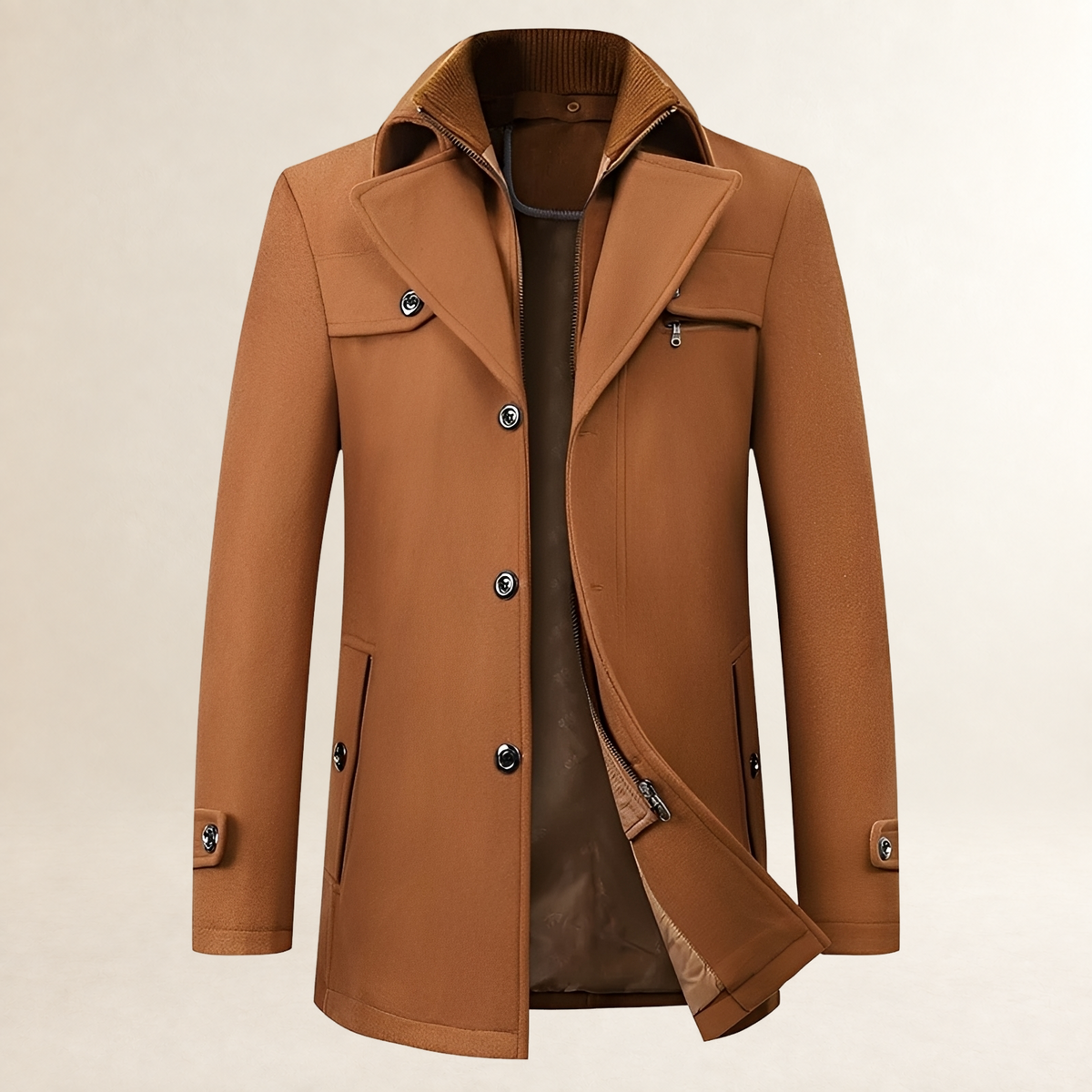 Casaco masculino estilo pea coat comprimento médio lapela recortada fechamento de botões bolsos com aba
