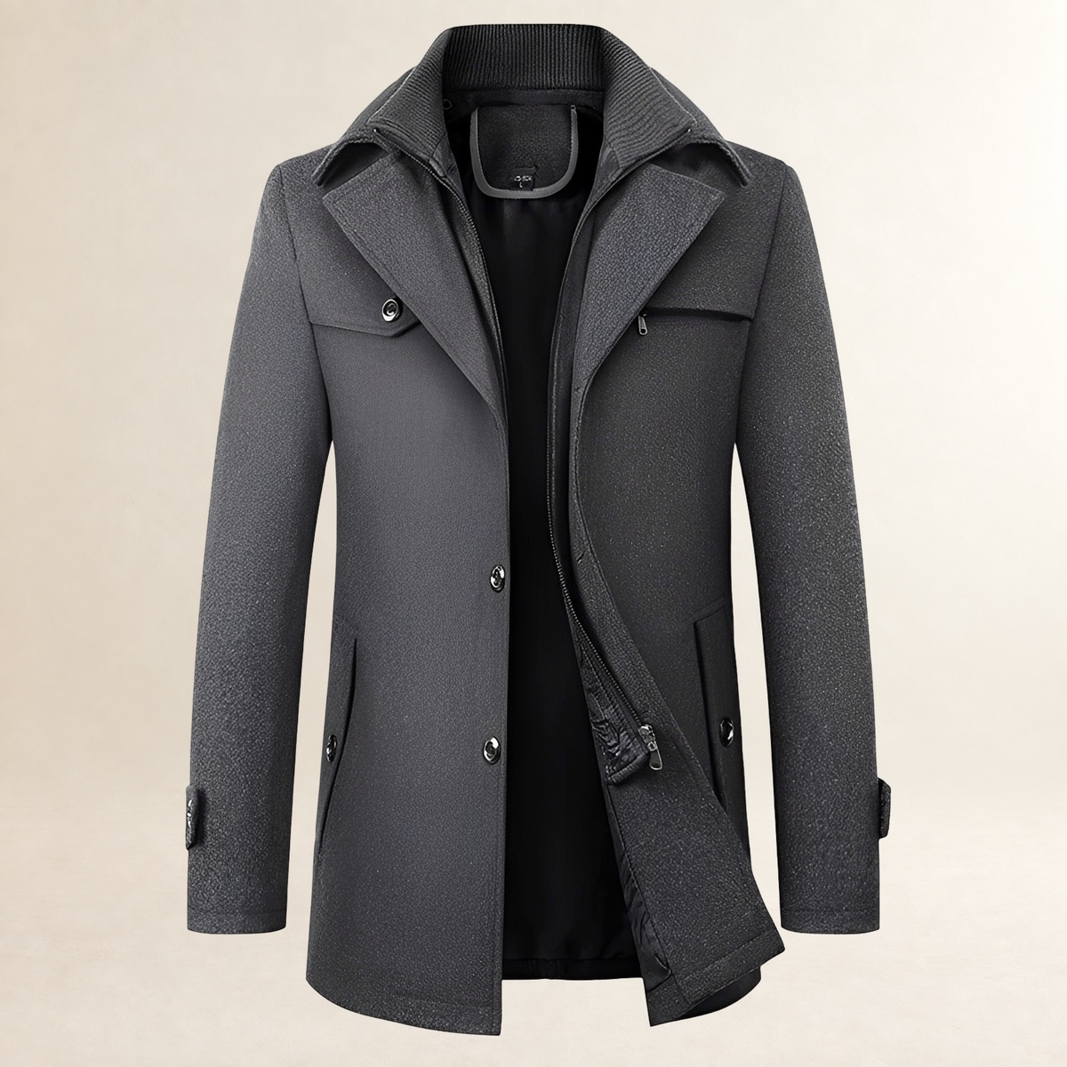 Casaco masculino estilo pea coat comprimento médio lapela recortada fechamento de botões bolsos com aba