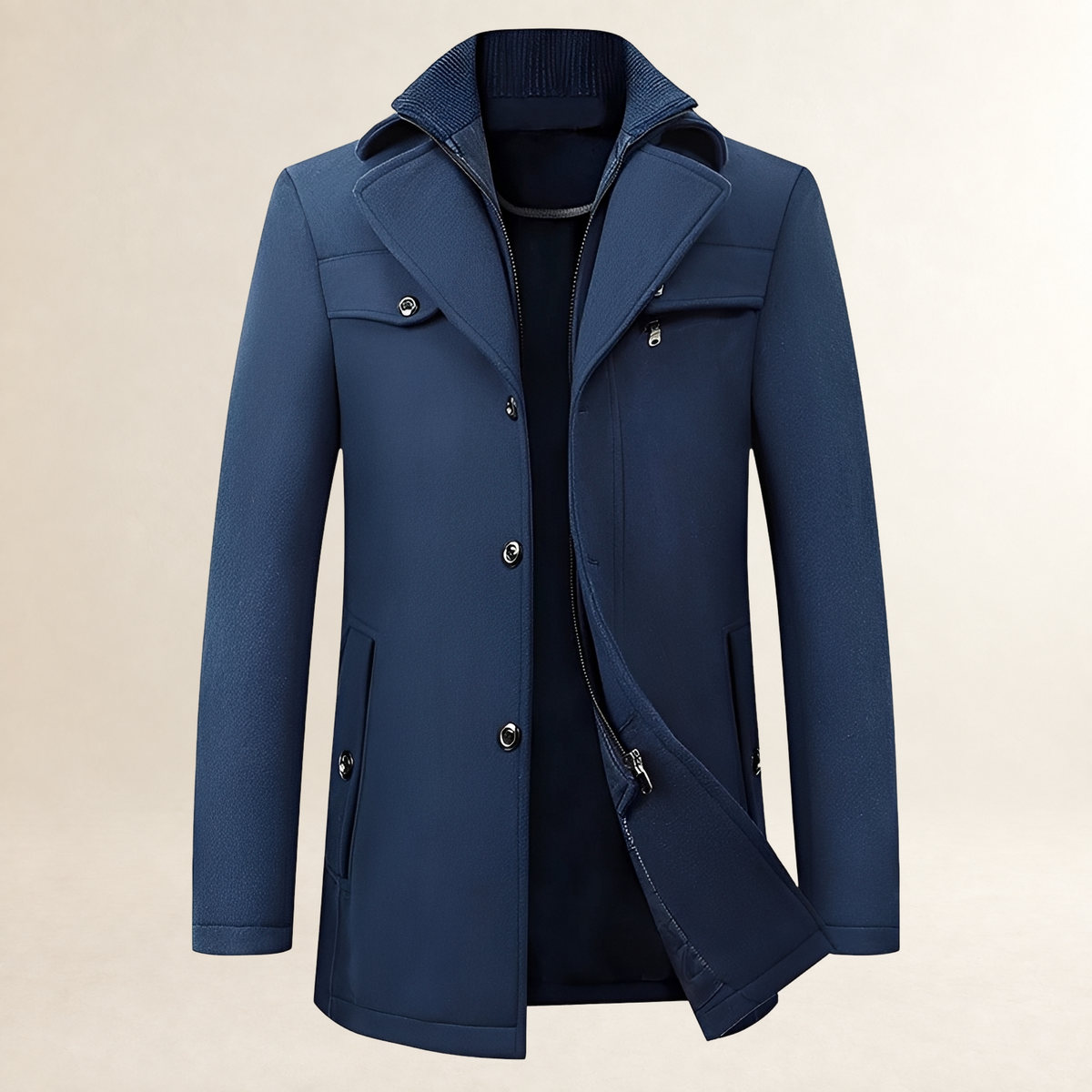 Casaco masculino estilo pea coat comprimento médio lapela recortada fechamento de botões bolsos com aba