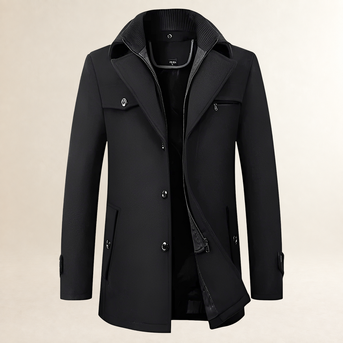Casaco masculino estilo pea coat comprimento médio lapela recortada fechamento de botões bolsos com aba