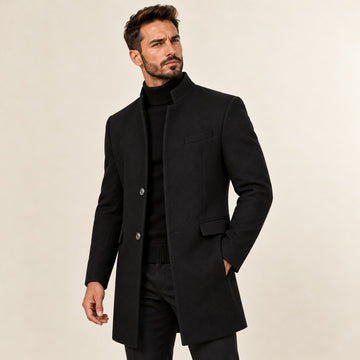 Casaco masculino overcoat com gola alta e fechamento de botões