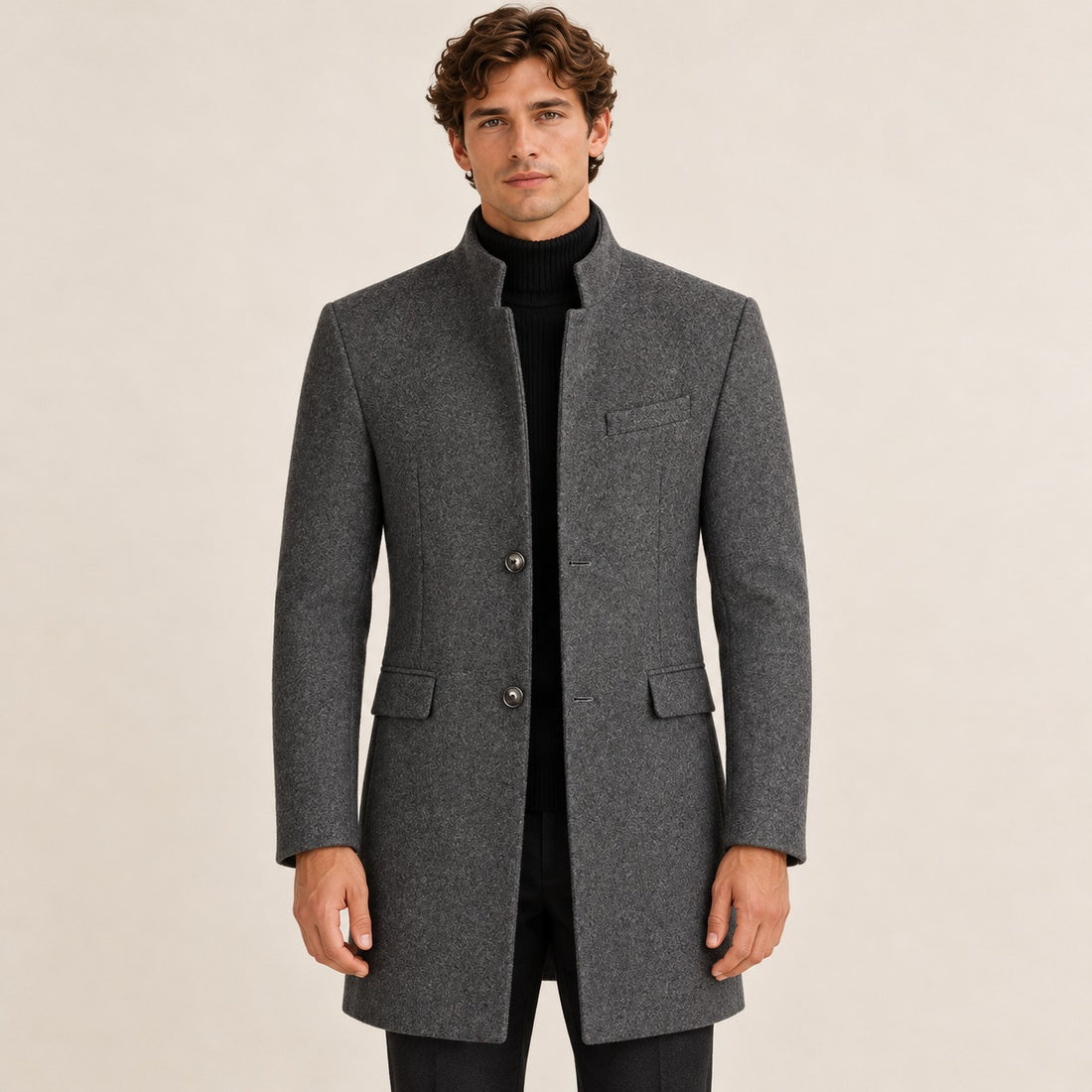 Casaco masculino overcoat com gola alta e fechamento de botões