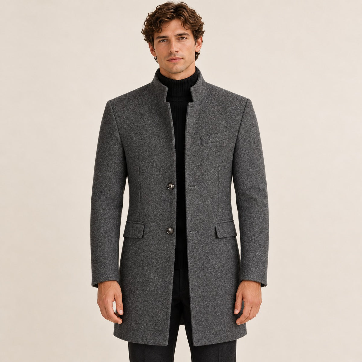 Casaco masculino overcoat com gola alta e fechamento de botões