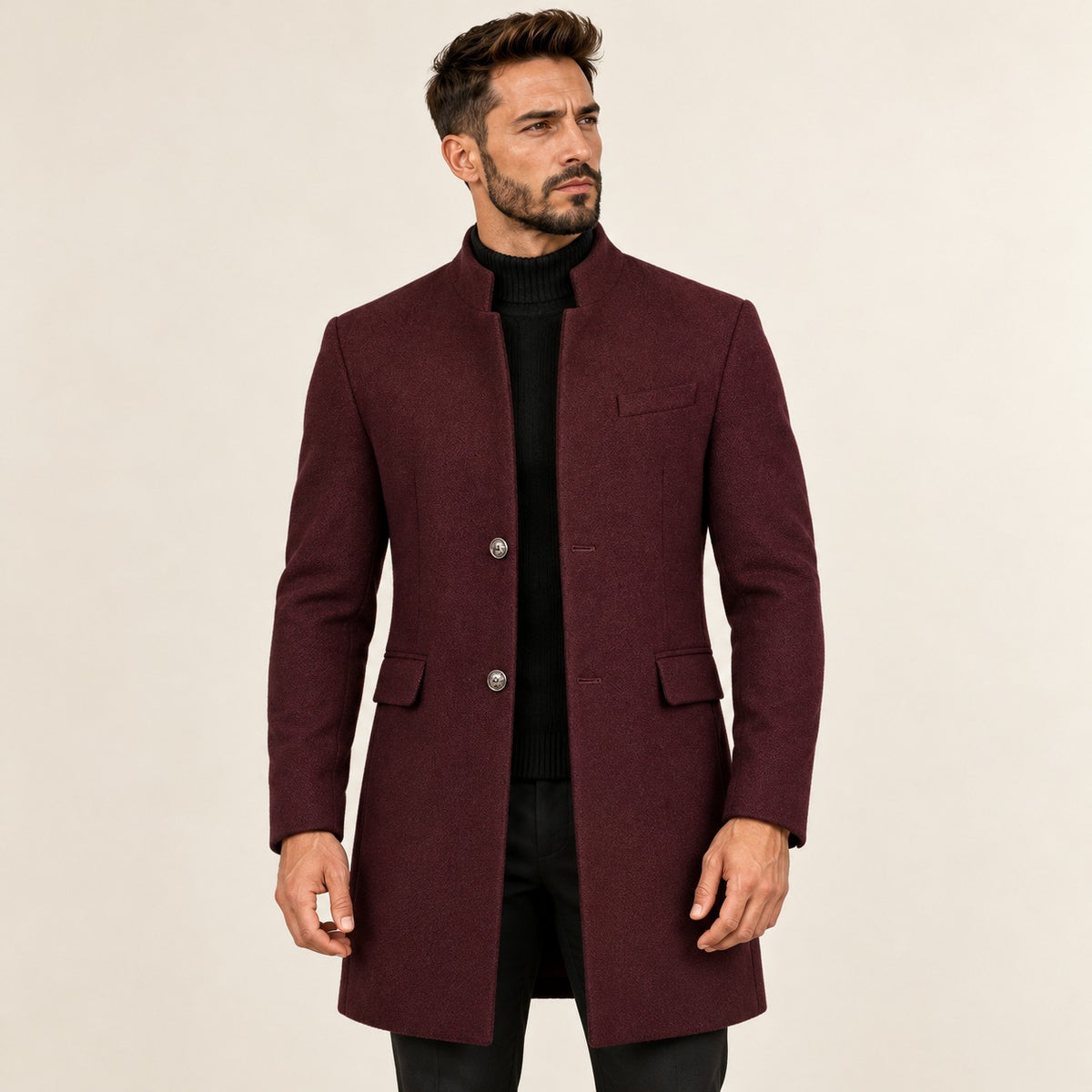 Casaco masculino overcoat com gola alta e fechamento de botões