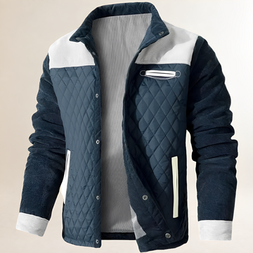 Casaco masculino tradicional com gola alta e fechamento snap-front com bolsos dianteiros