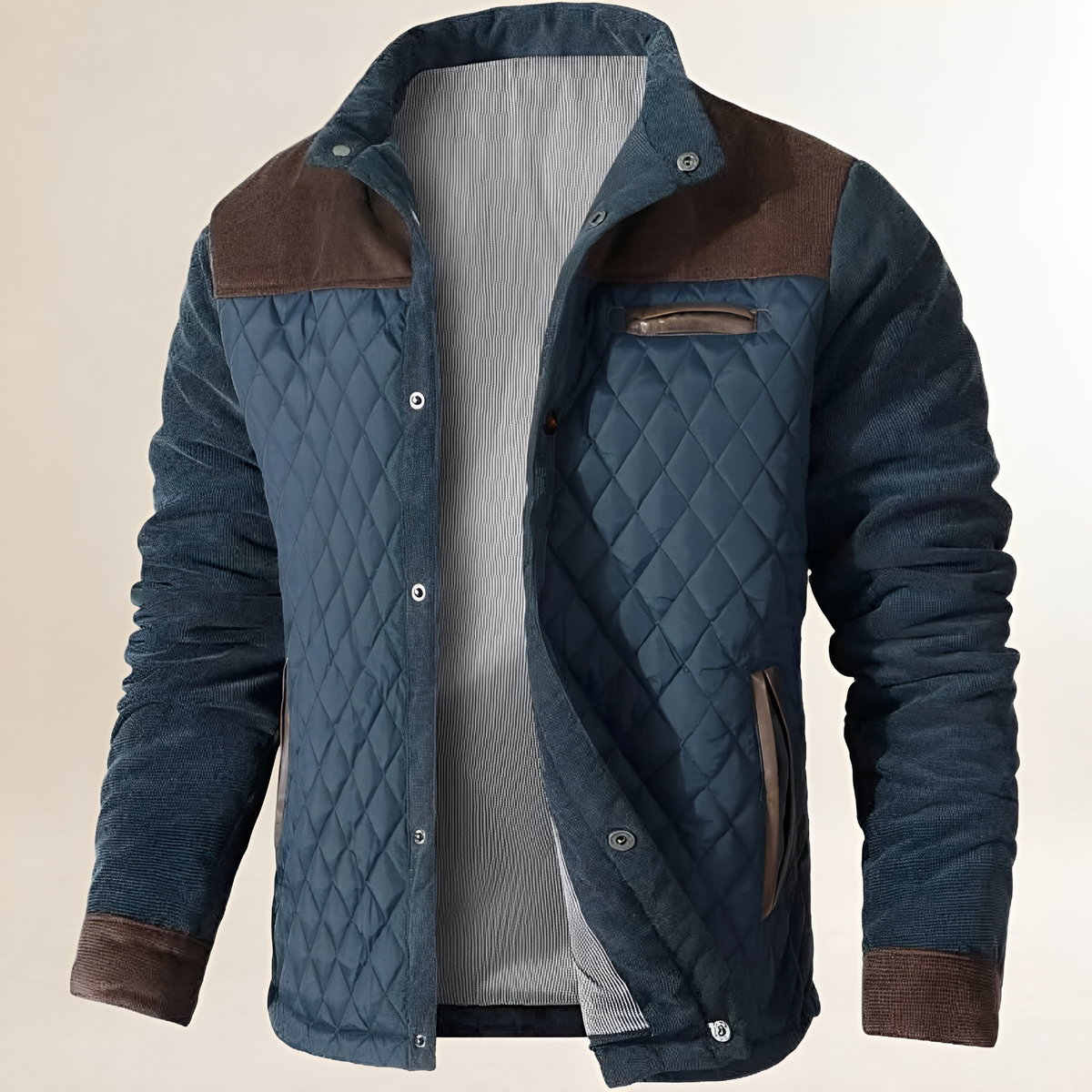 Casaco masculino tradicional com gola alta e fechamento snap-front com bolsos dianteiros