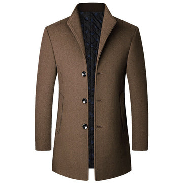 Casaco masculino trench longo com fechamento de botões e colar clássico