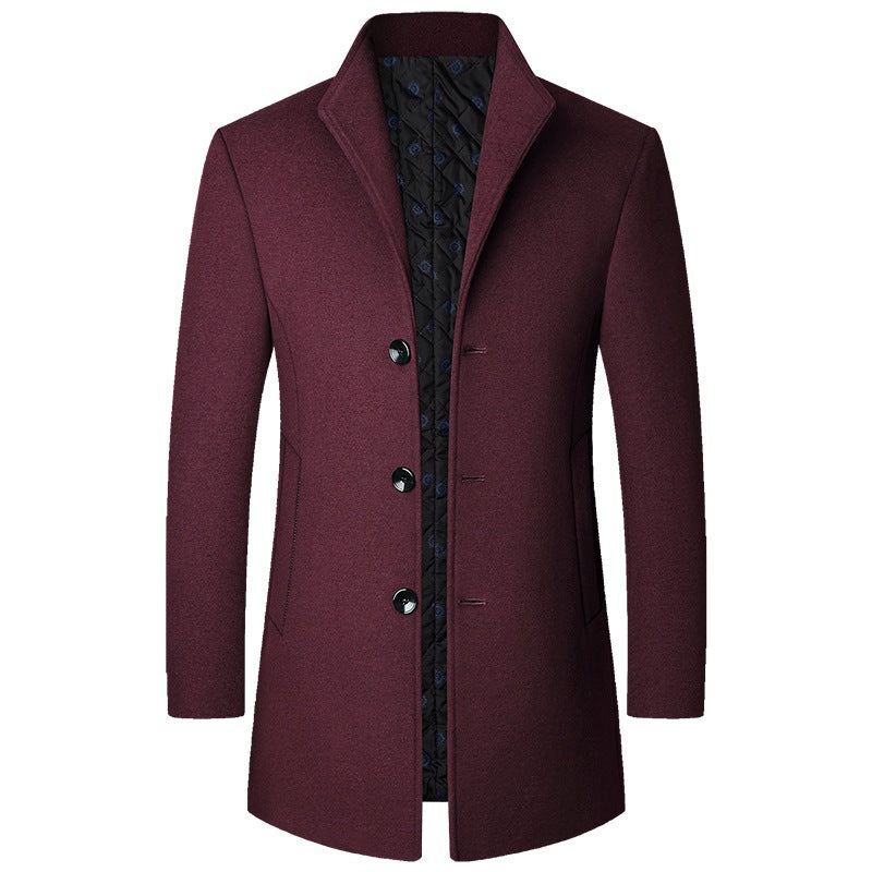Casaco masculino trench longo com fechamento de botões e colar clássico
