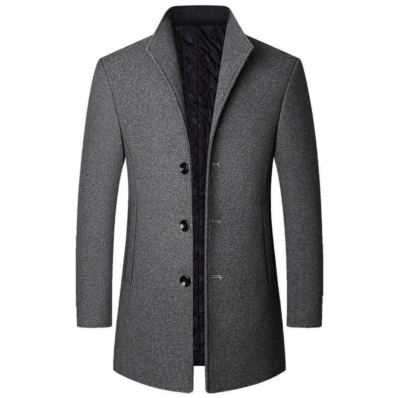 Casaco masculino trench longo com fechamento de botões e colar clássico