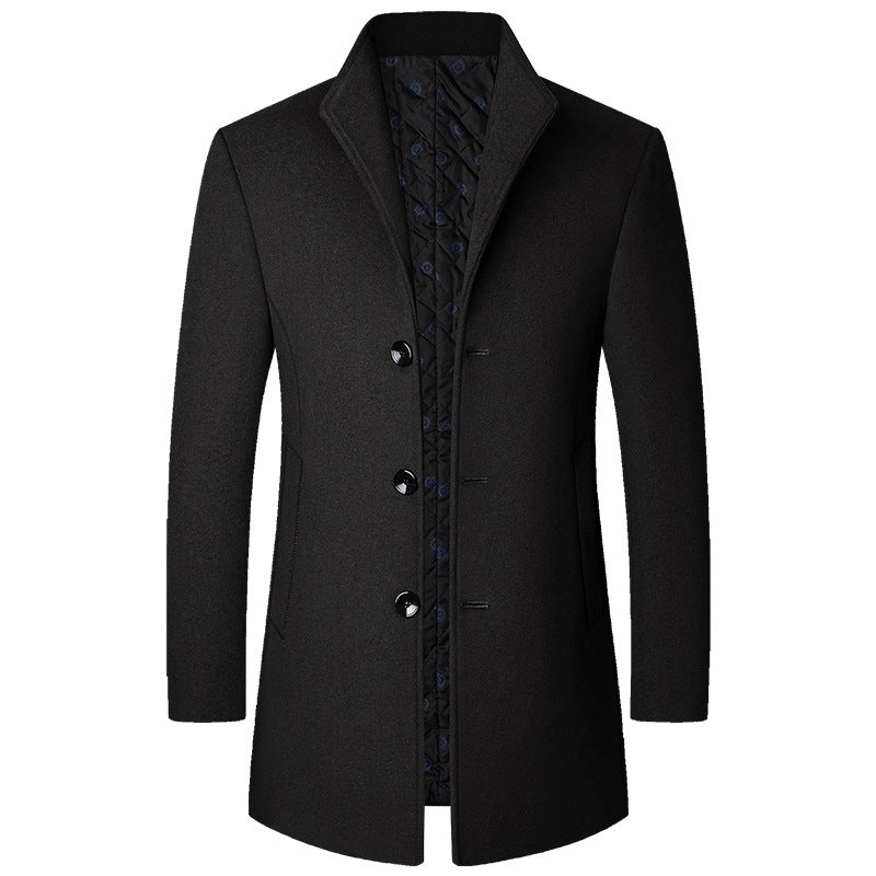 Casaco masculino trench longo com fechamento de botões e colar clássico