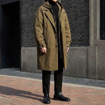Casaco overcoat masculino com capuz, comprimento longo, caimento ajustado e design versátil