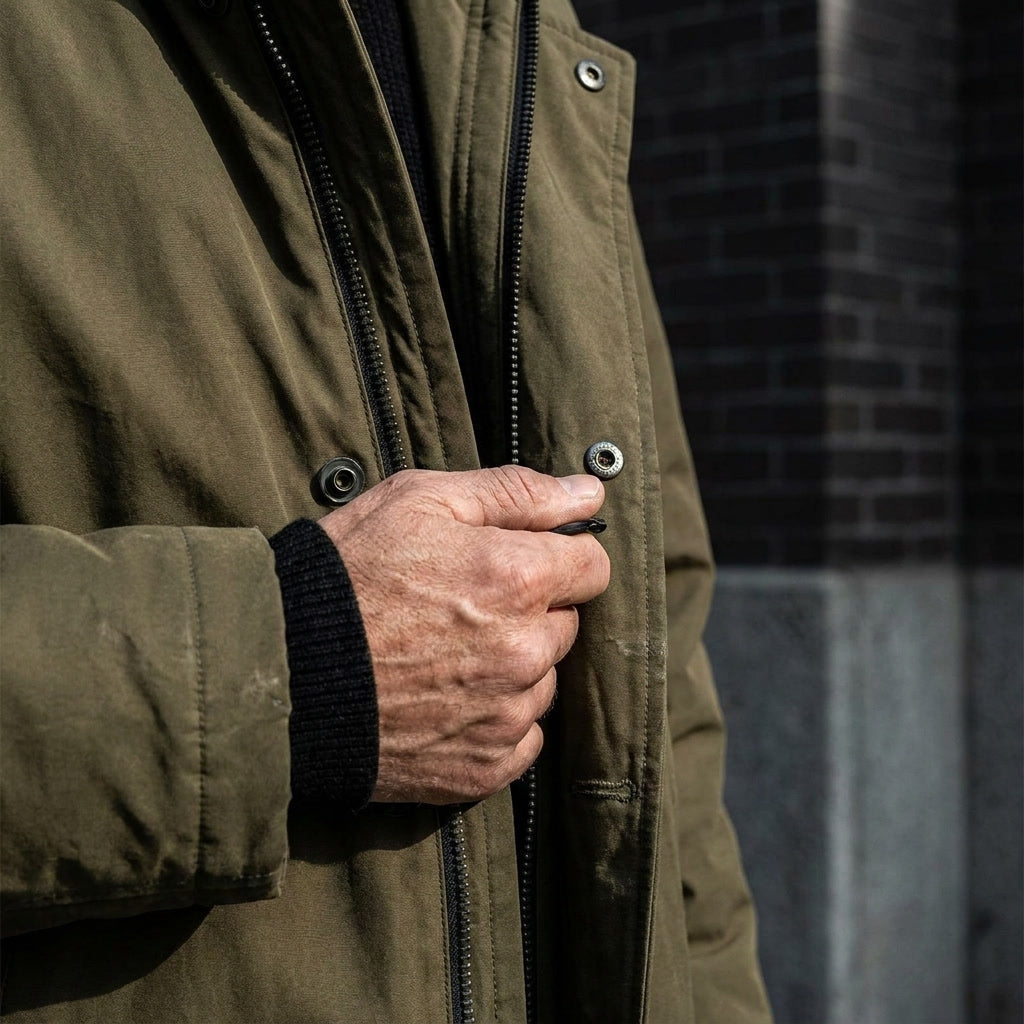 Casaco overcoat masculino com capuz, comprimento longo, caimento ajustado e design versátil
