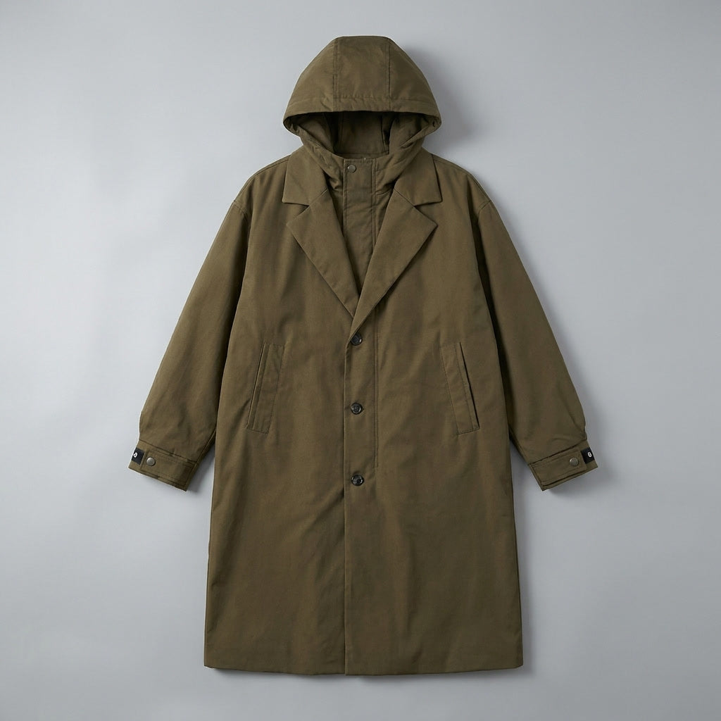 Casaco overcoat masculino com capuz, comprimento longo, caimento ajustado e design versátil