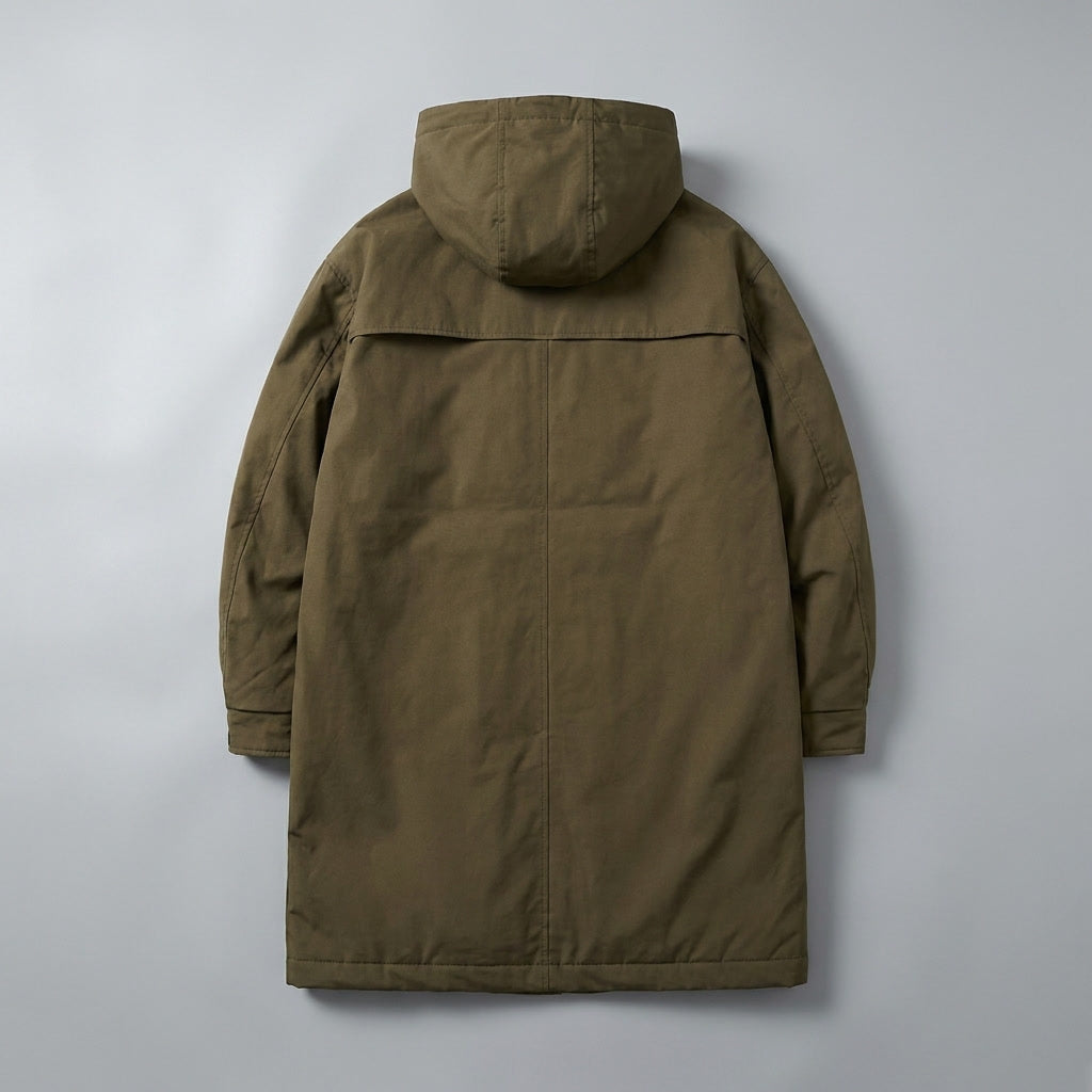 Casaco overcoat masculino com capuz, comprimento longo, caimento ajustado e design versátil