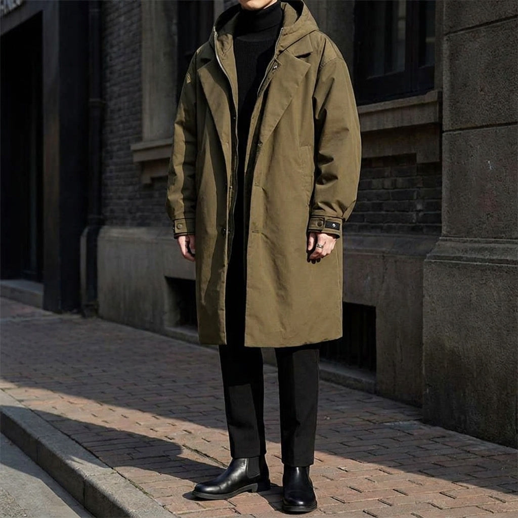 Casaco overcoat masculino com capuz, comprimento longo, caimento ajustado e design versátil