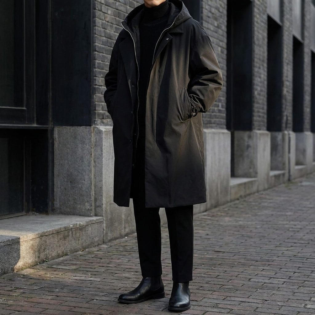 Casaco overcoat masculino com capuz, comprimento longo, caimento ajustado e design versátil