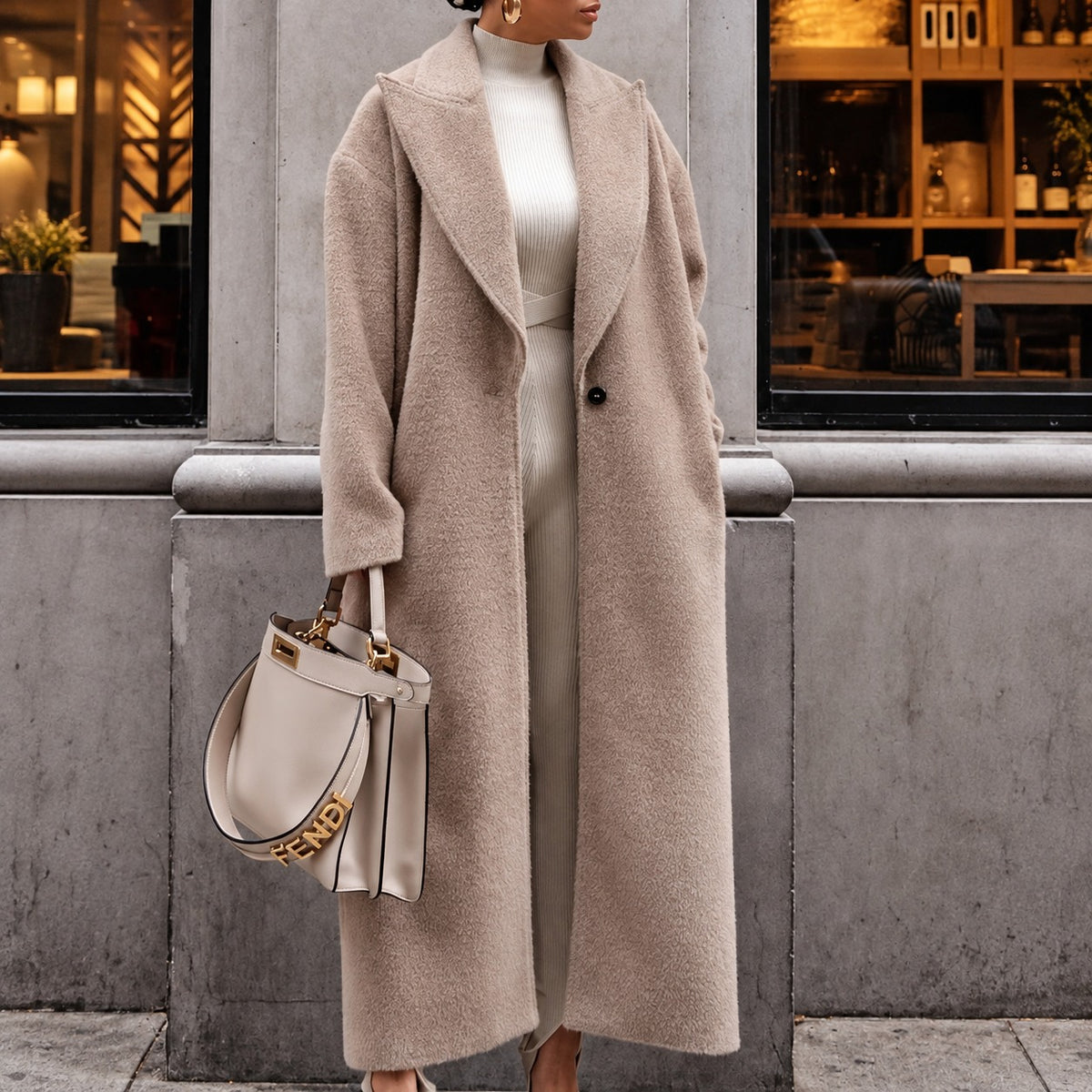 Casaco oversized feminino longo com lapela e fechamento de botão único