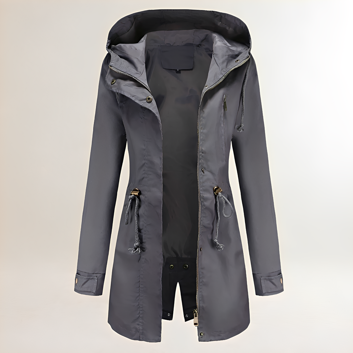 Casaco parka feminino com capuz, fechamento de zíper e cintura com cordão