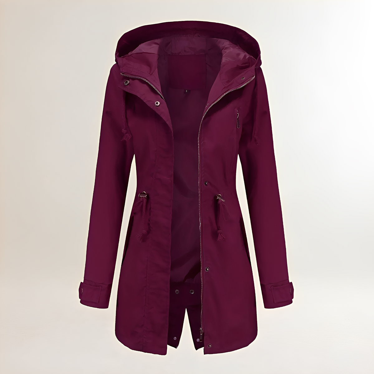 Casaco parka feminino com capuz, fechamento de zíper e cintura com cordão